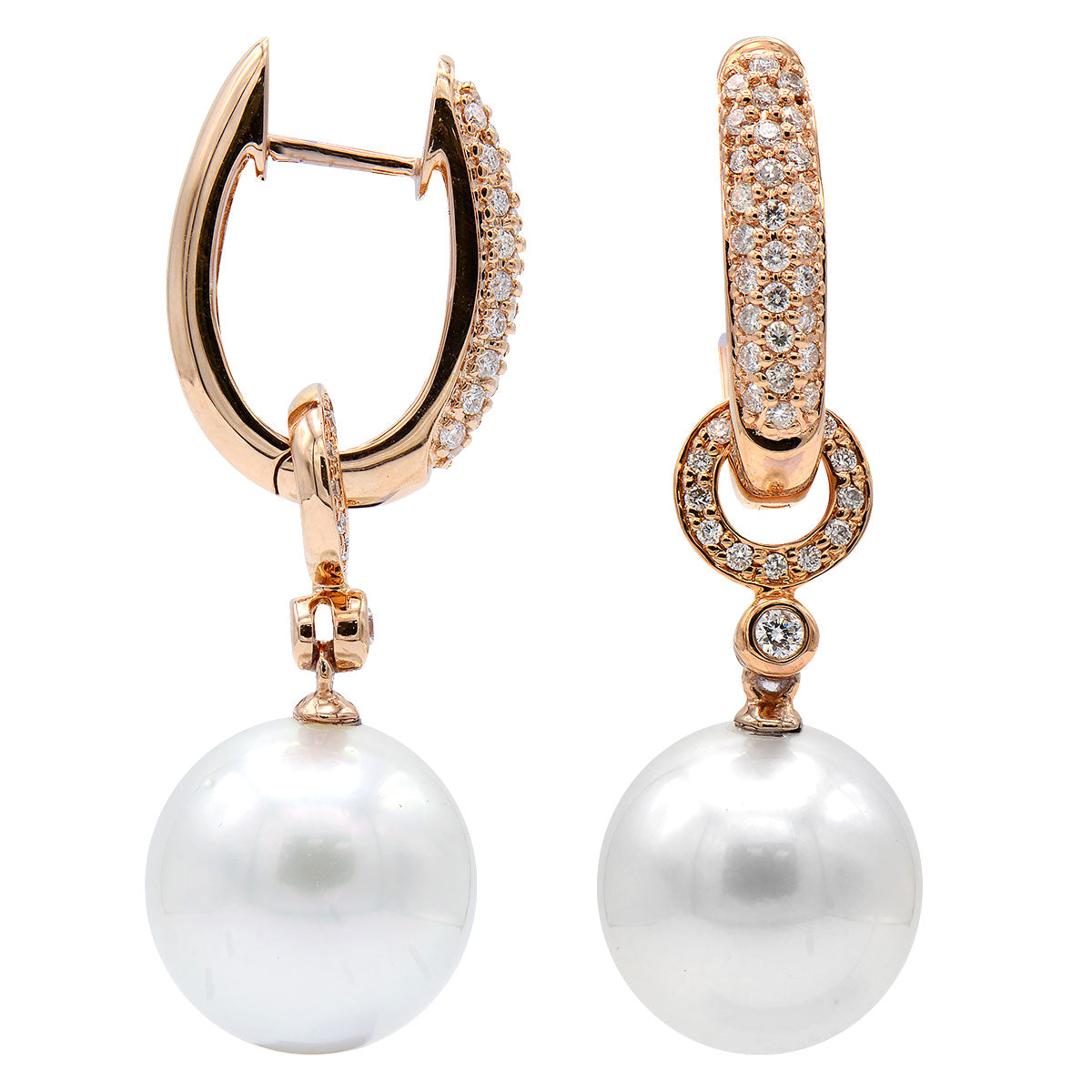 18KR White South Sea Pearl Earrings, 11-12mm