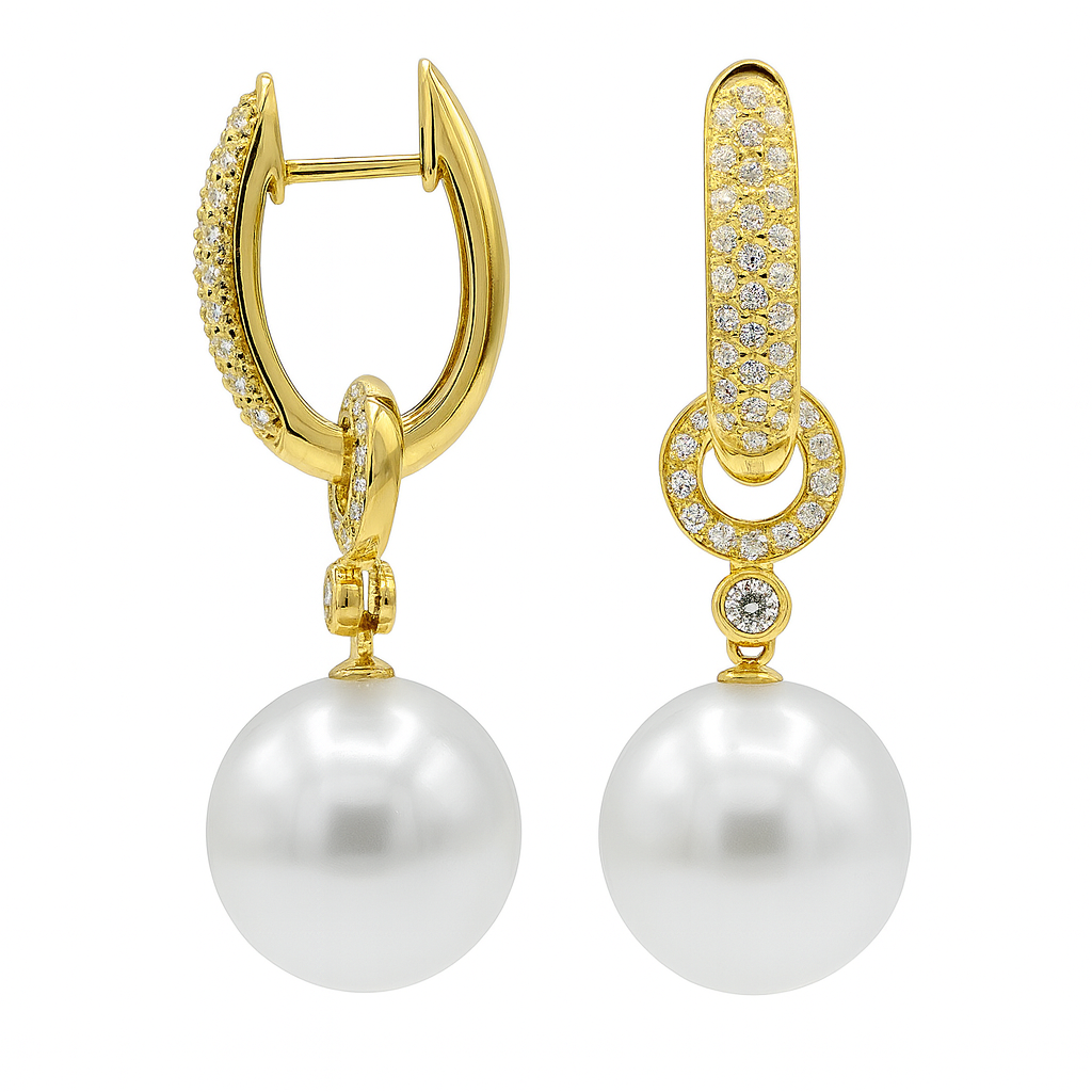 18K Yellow Gold South Sea Pearl Earrings, 11-12mm, 0.48ct