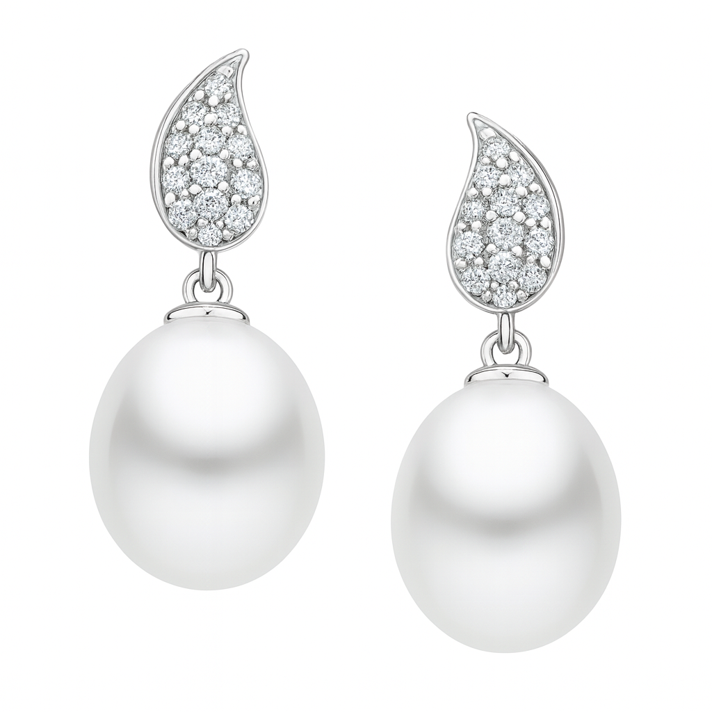 18K White Gold Freshwater Pearl Earrings, 10-11mm, 0.18ct