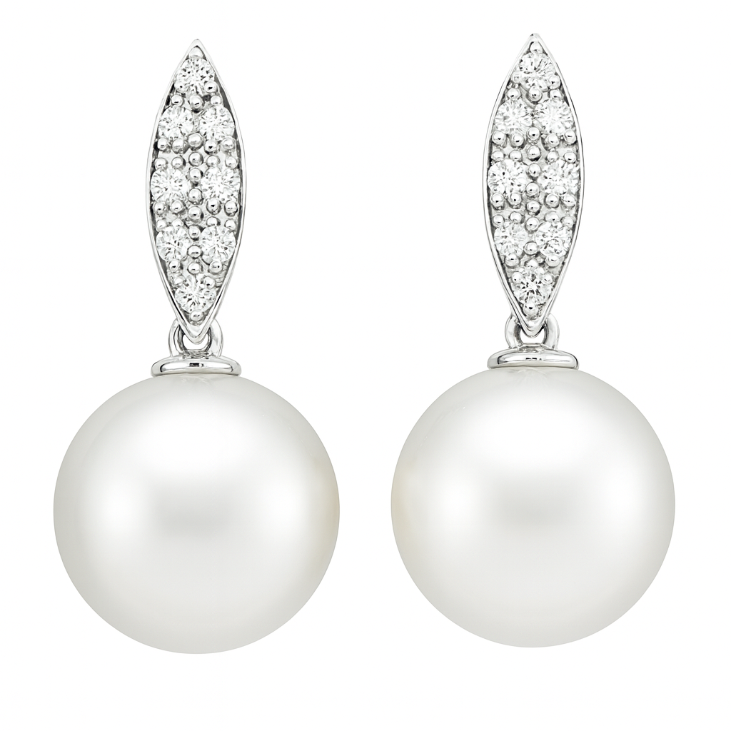 14K White Gold South Sea Pearl Earrings, 9-10mm, 0.19ct