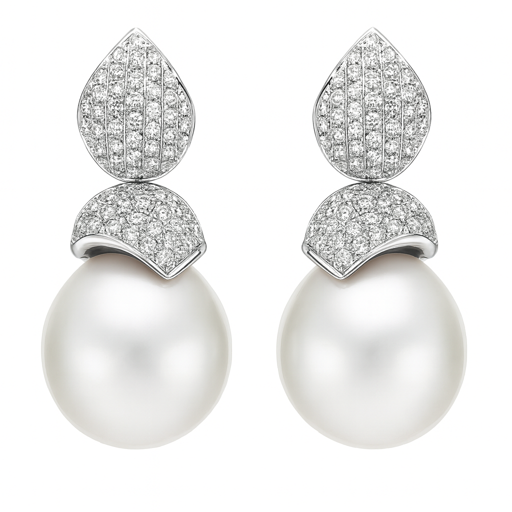 14K White Gold South Sea Pearl Earrings, 12mm, 0.5ct