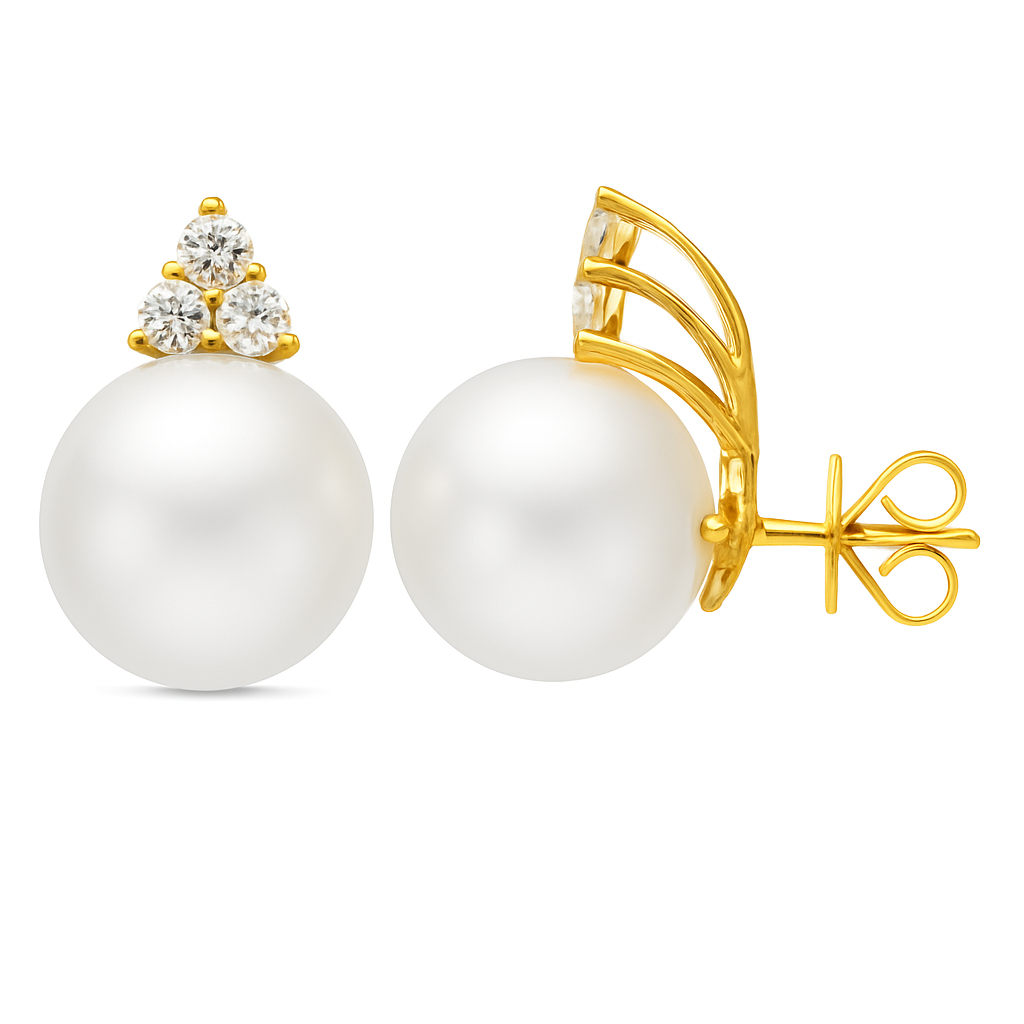 18KY White South Sea Pearl Earrings, 12-13mm