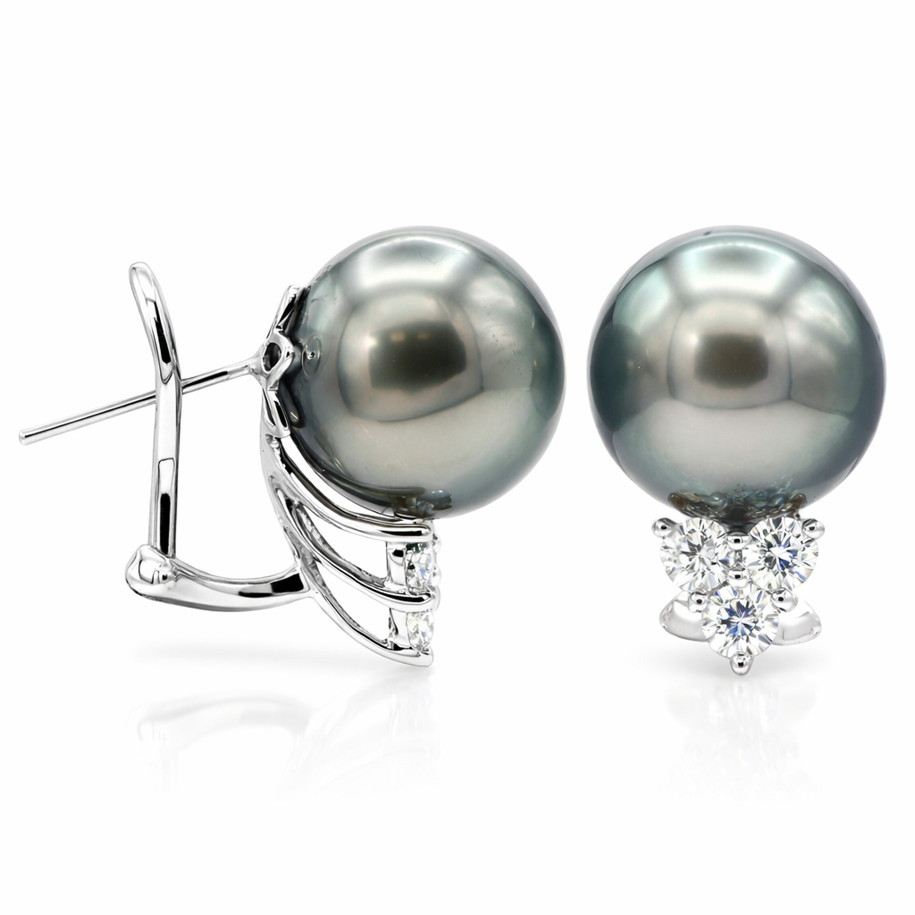 18K White Gold Tahitian Pearl Earrings, 12-13mm, 0.6ct