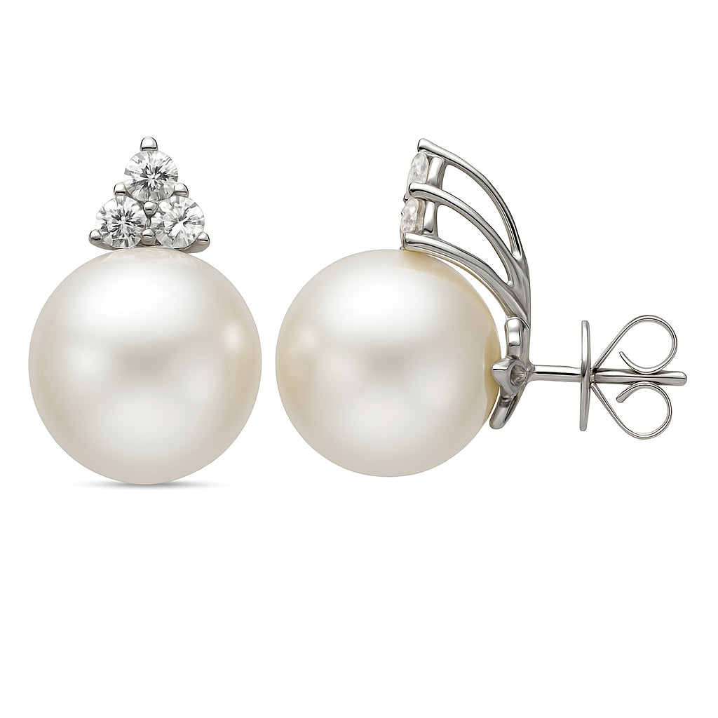 18K White Gold South Sea Pearl Earrings, 12-13mm, 0.6ct