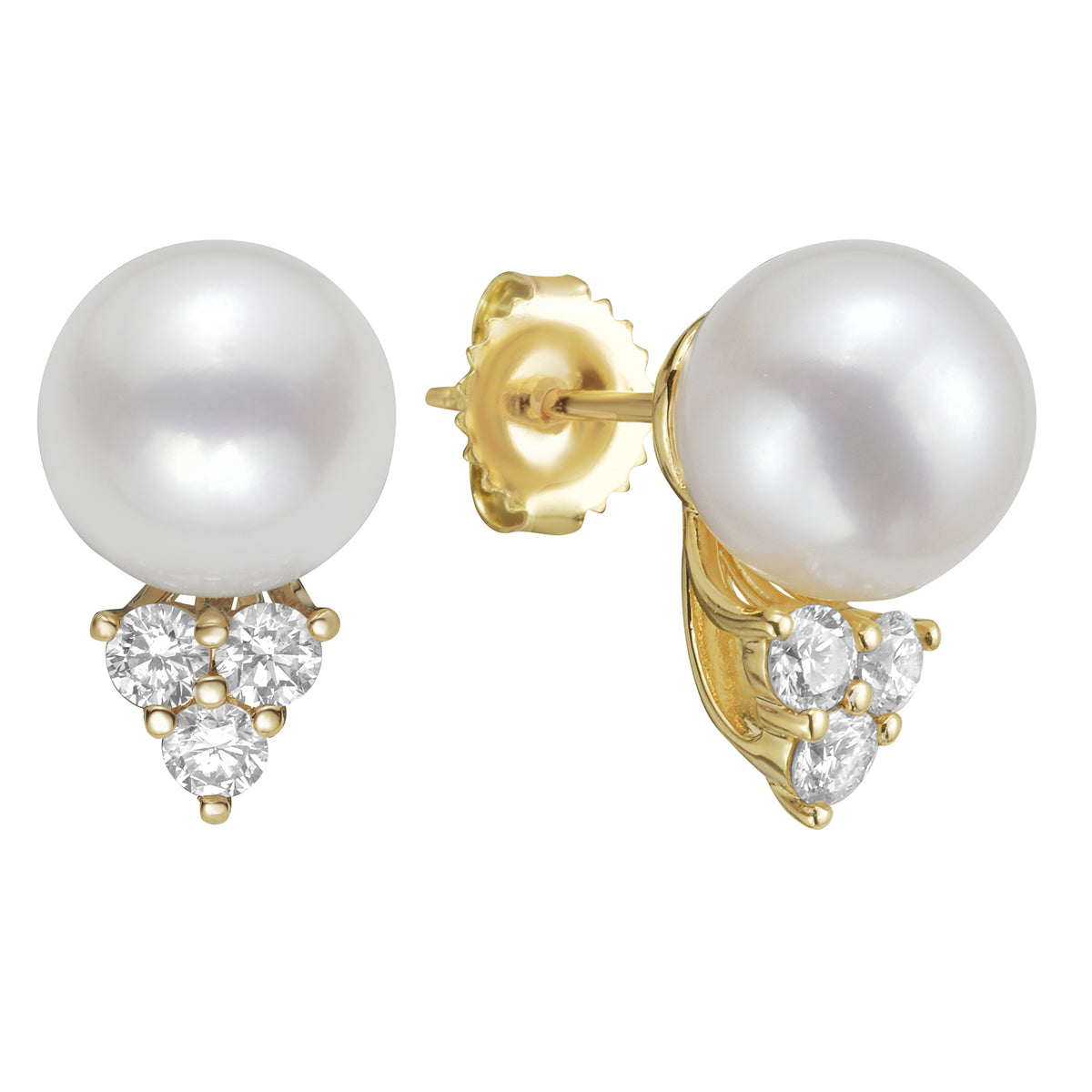 18K Yellow Gold White Freshwater Pearl Earrings, 10-11mm, 0.61ct