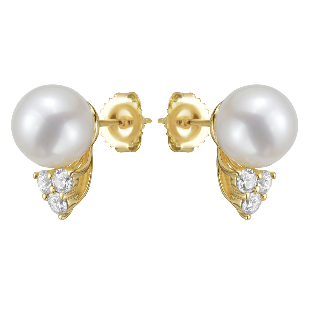 18K Yellow Gold White Freshwater Pearl Earrings, 10-11mm, 0.61ct