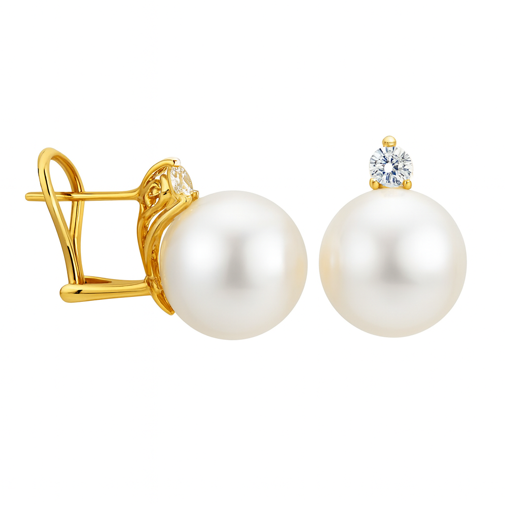 18KY White South Sea Pearl Earrings, 12-13mm