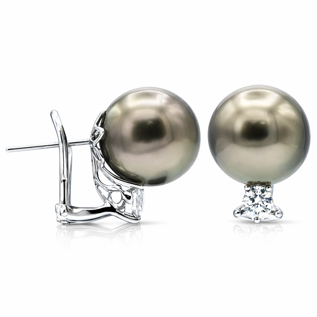 18K White Gold Tahitian Pearl Earrings, 12-13mm, 0.4ct