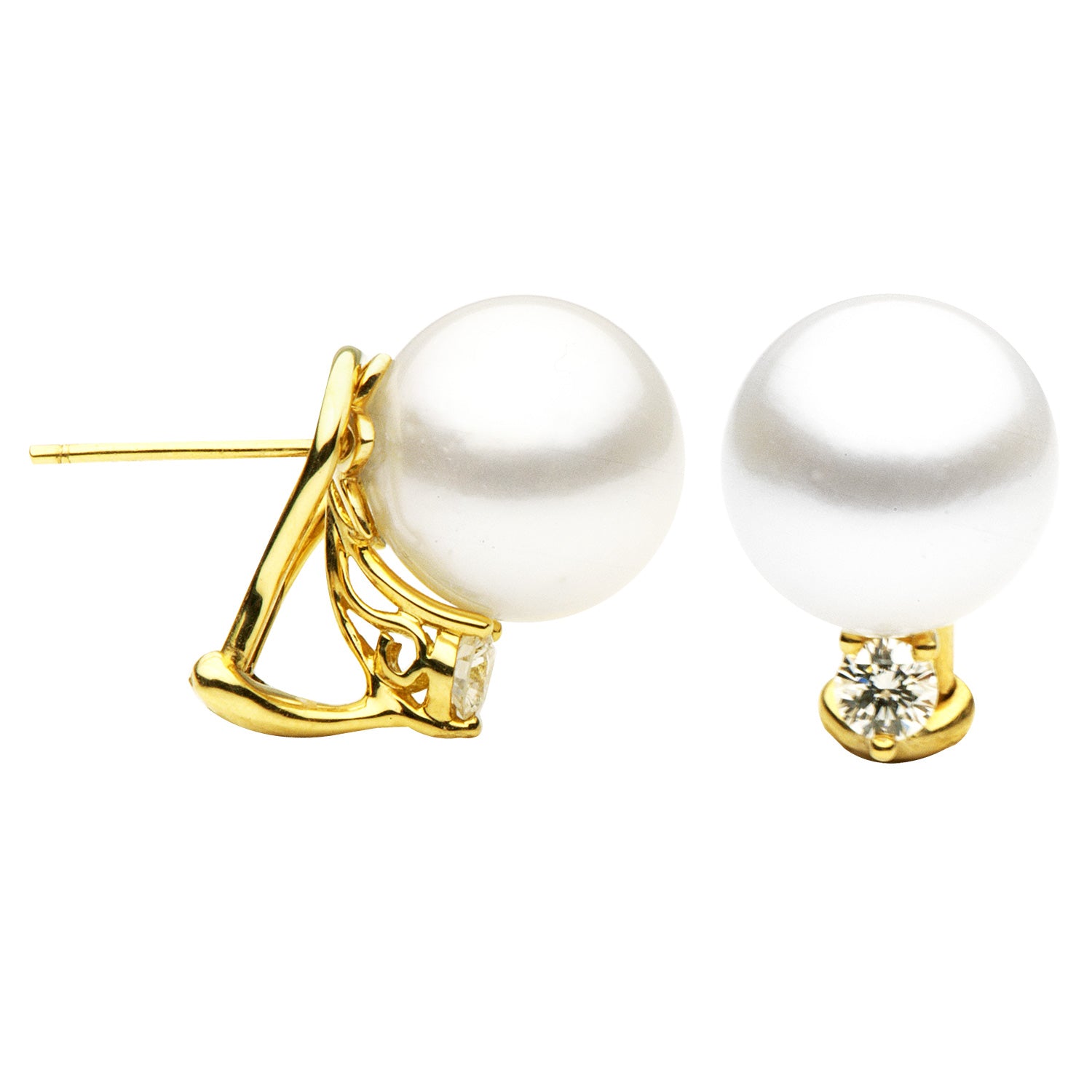 18K Yellow Gold South Sea Pearl Earrings, 12-13mm, 0.4ct
