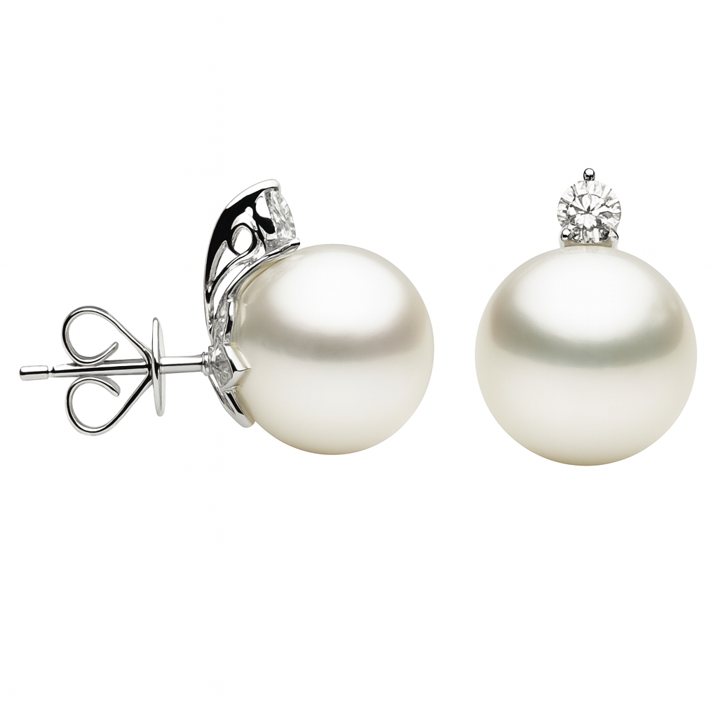 14K White Gold South Sea Pearl Earrings, 10-11mm, 0.43ct