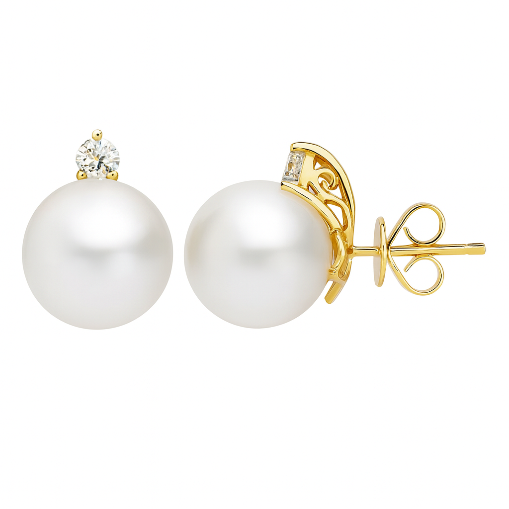 14K Yellow Gold White Freshwater Pearl Earrings, 9-10mm, 0.28ct
