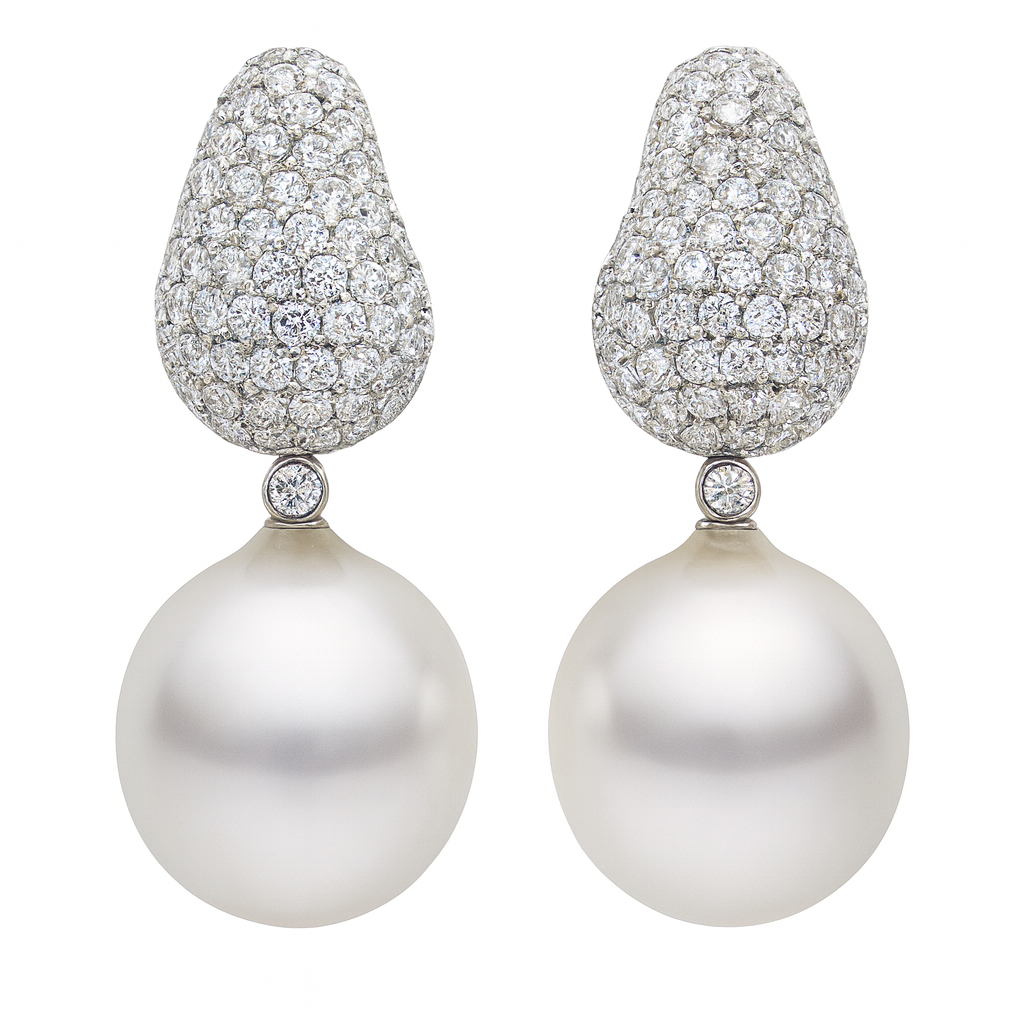 18KW White South Sea Pearl Earrings, 13-14mm