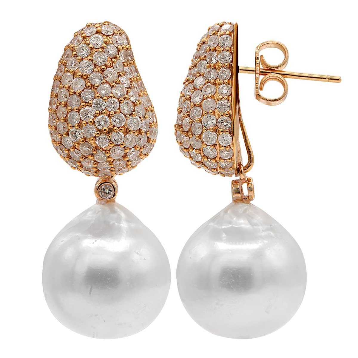 18KR White South Sea Pearl Earrings, 13-14mm