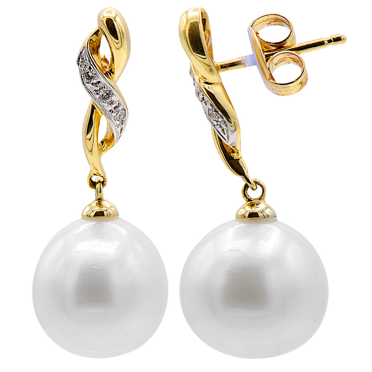 14KY White South Sea Pearl Earrings, 10-11mm