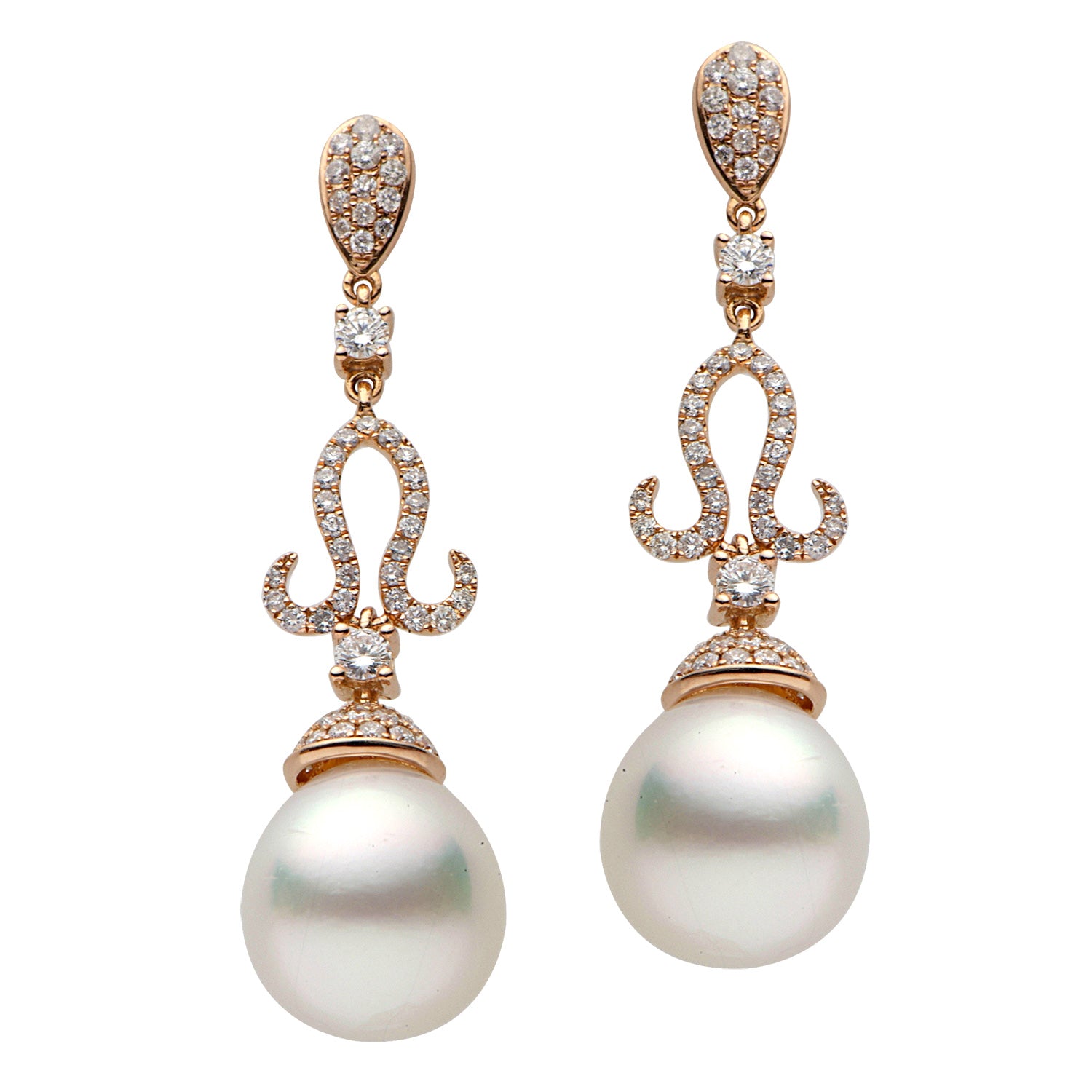 18KR White South Sea Pearl Earrings, 11-12mm