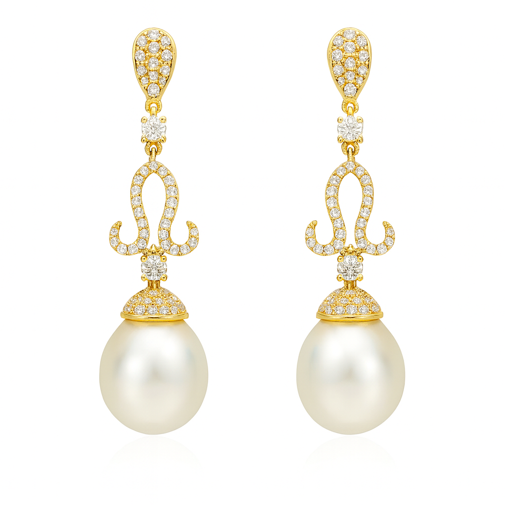 18KY White South Sea Pearl Earrings, 11-12mm
