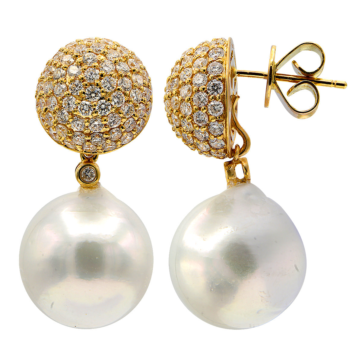 18KY White South Sea Pearl Earrings, 12-13mm