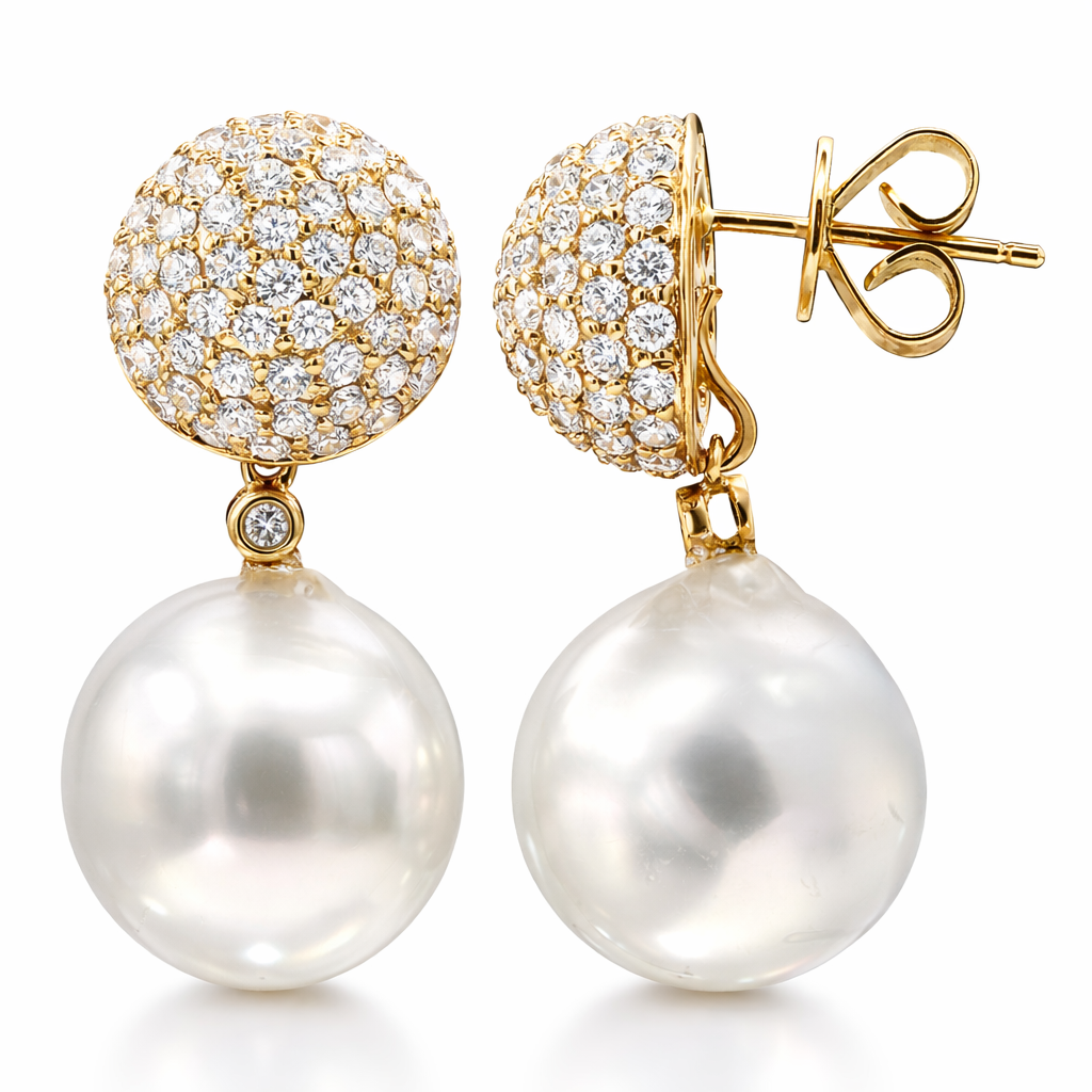 18K Yellow Gold South Sea Pearl Earrings, 12-13mm, 2.11ct