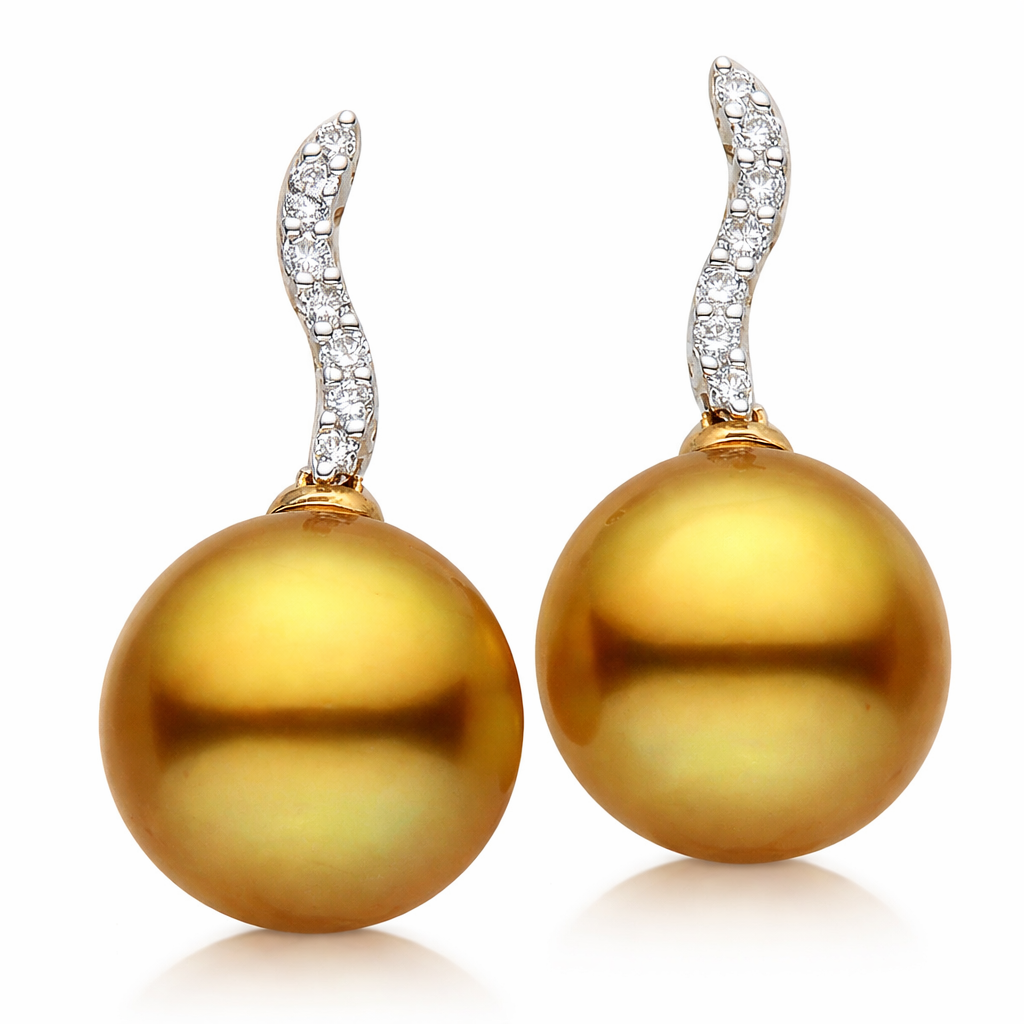 14K Yellow Gold Golden Pearl Earrings, 10-11mm, 0.12ct