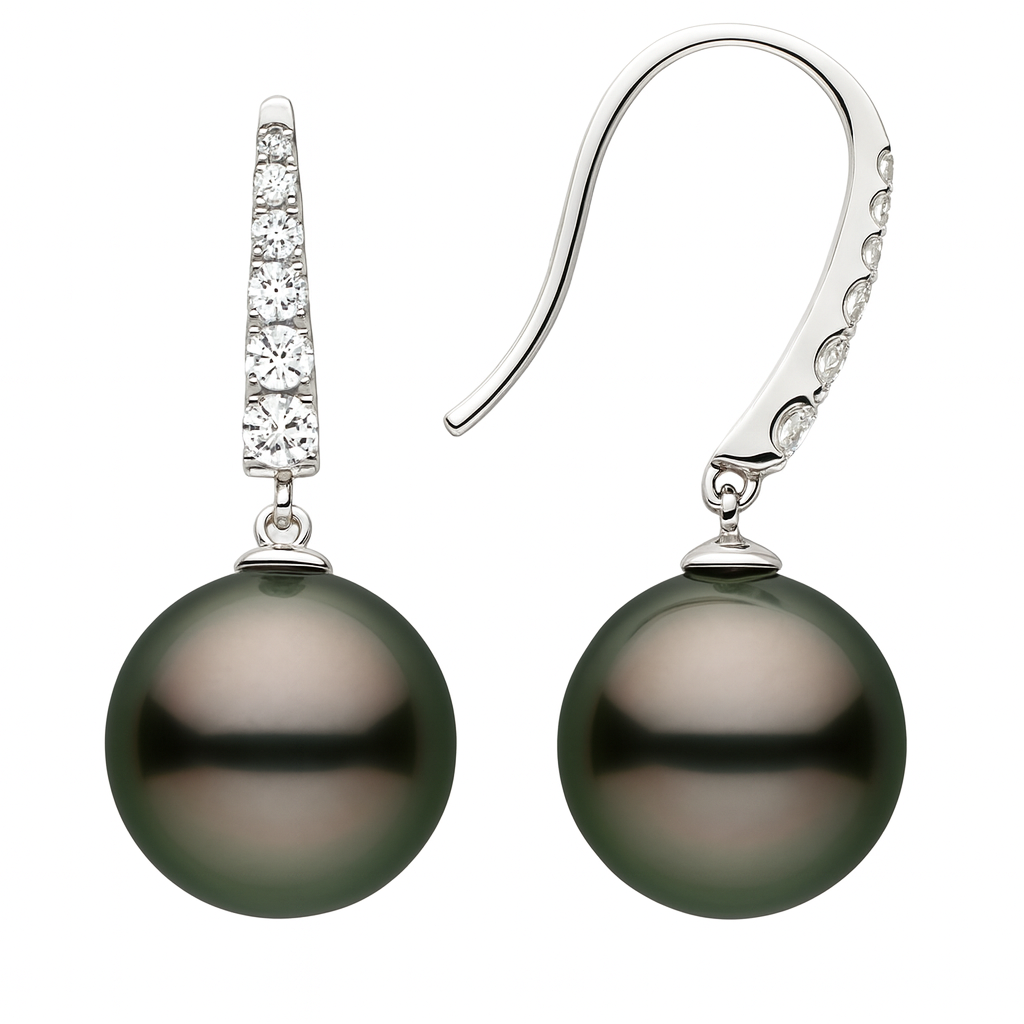 14K White Gold Tahitian Pearl Earrings, 8-9mm, 0.09ct
