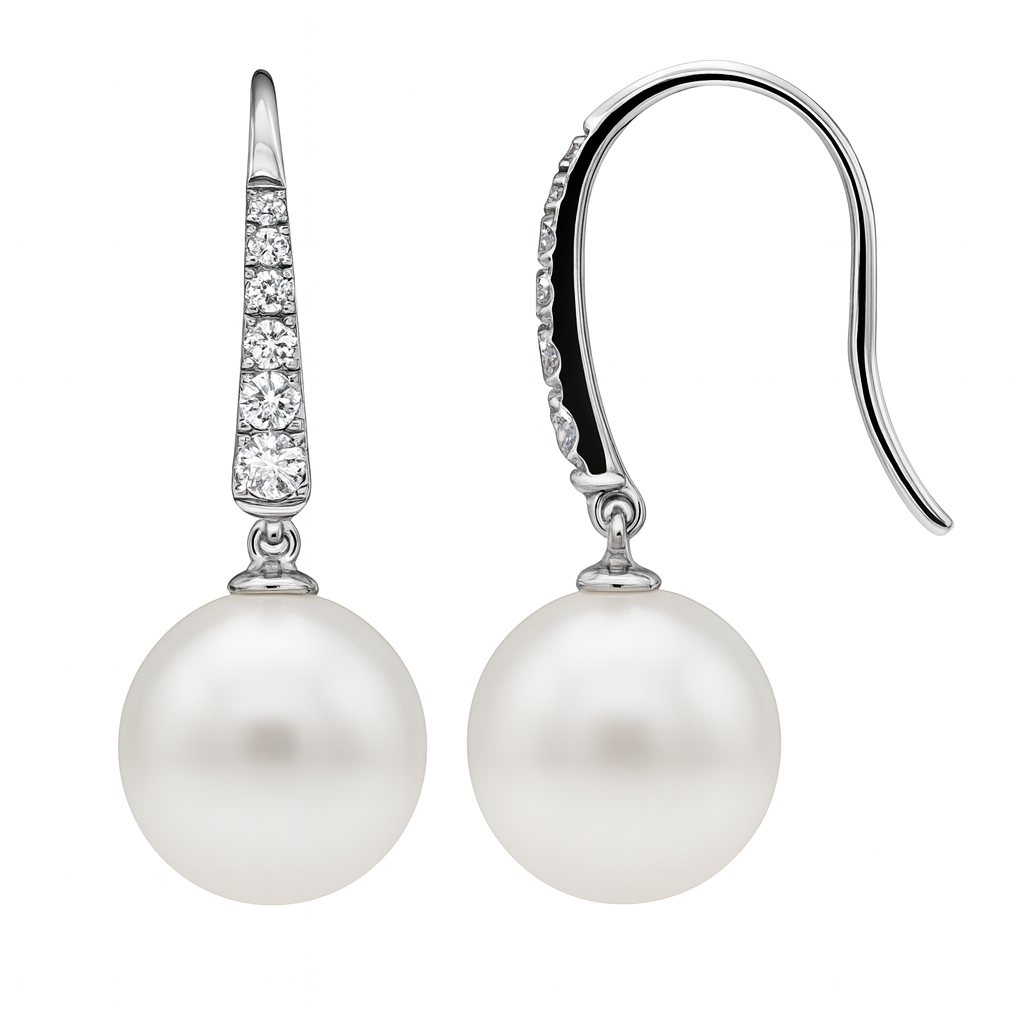 14K White Gold Freshwater Pearl Earrings, 10-11mm, 0.29ct