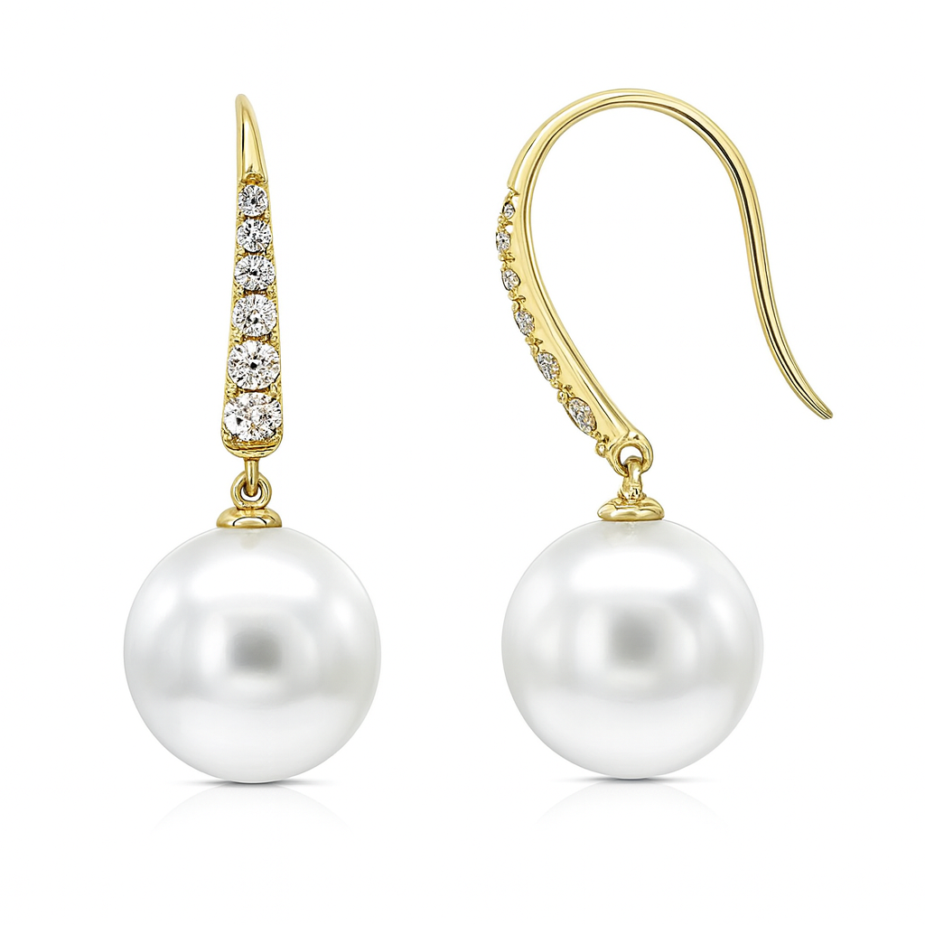 14K Yellow Gold Freshwater Pearl Earrings, 10-11mm, 0.29ct