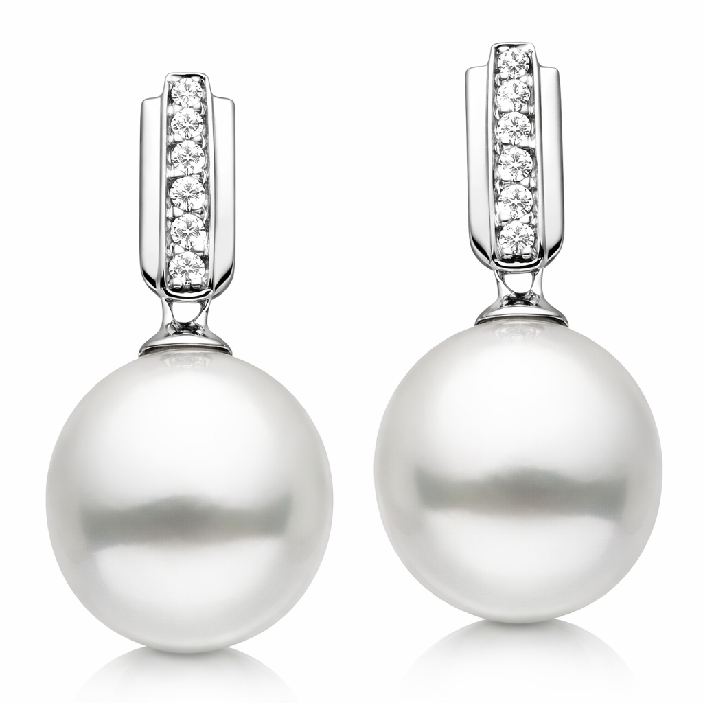 14K White Gold South Sea Pearl Earrings, 11-12mm, 0.1ct