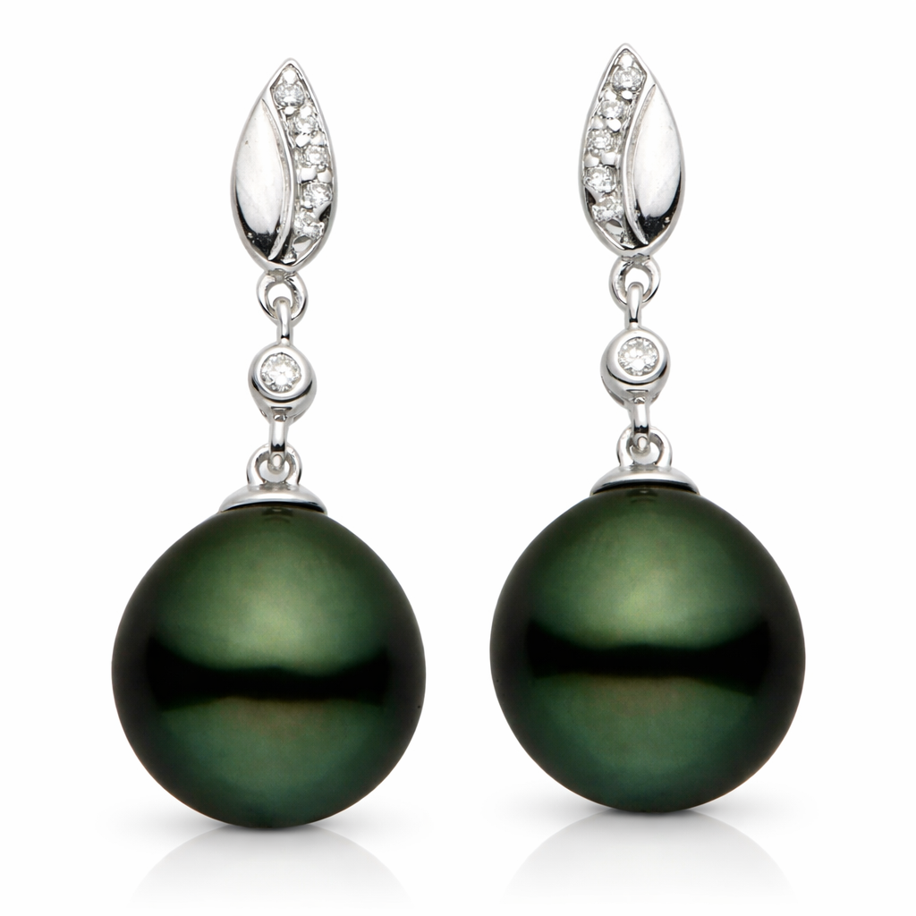 14K White Gold Tahitian Pearl Earrings, 10-11mm, 0.09ct