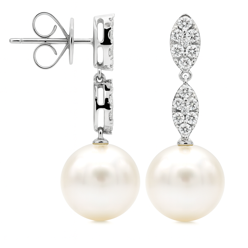 14K White Gold Freshwater Pearl Earrings, 9-10mm, 0.22ct