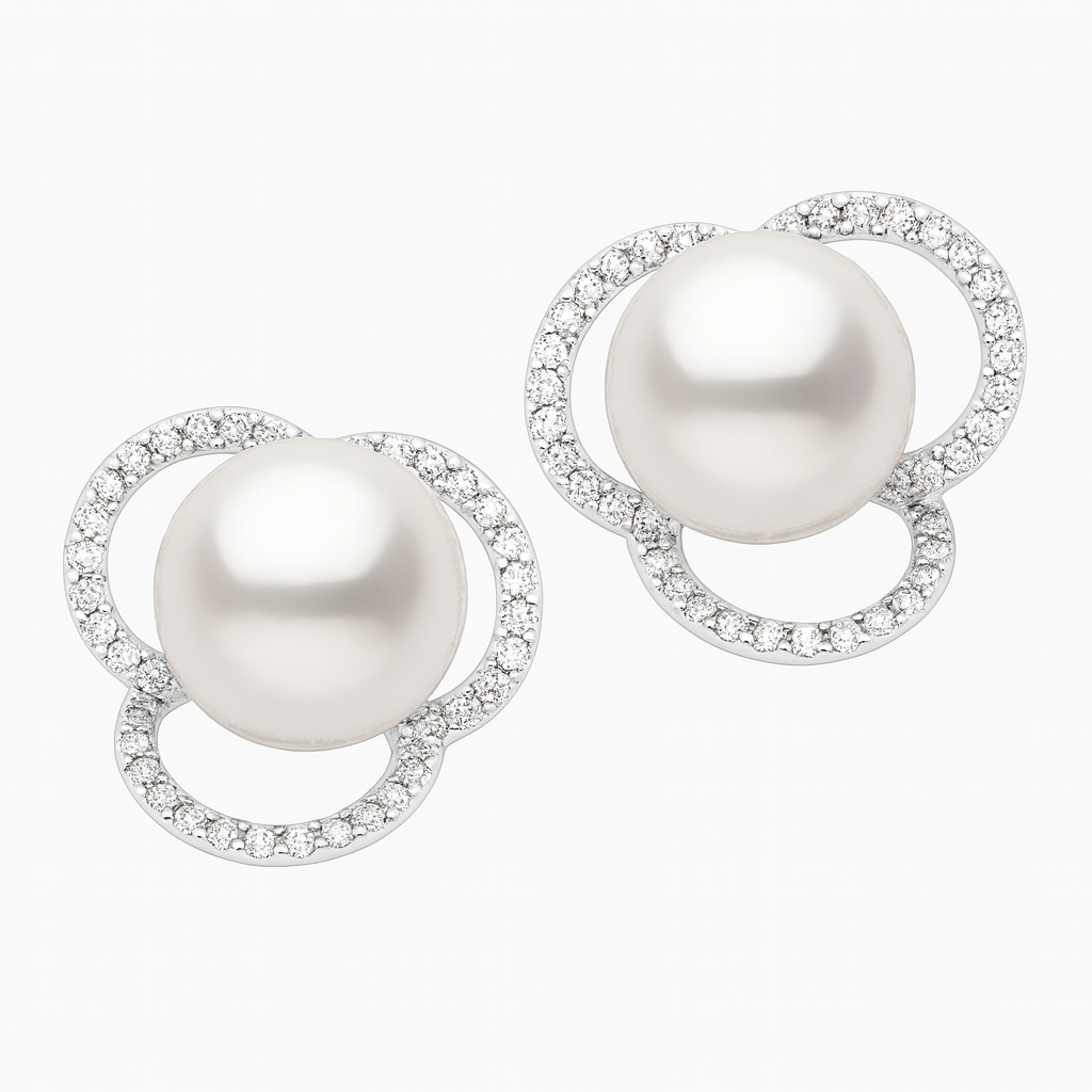 14K White Gold South Sea Pearl Earrings, 9-10mm, 0.45ct