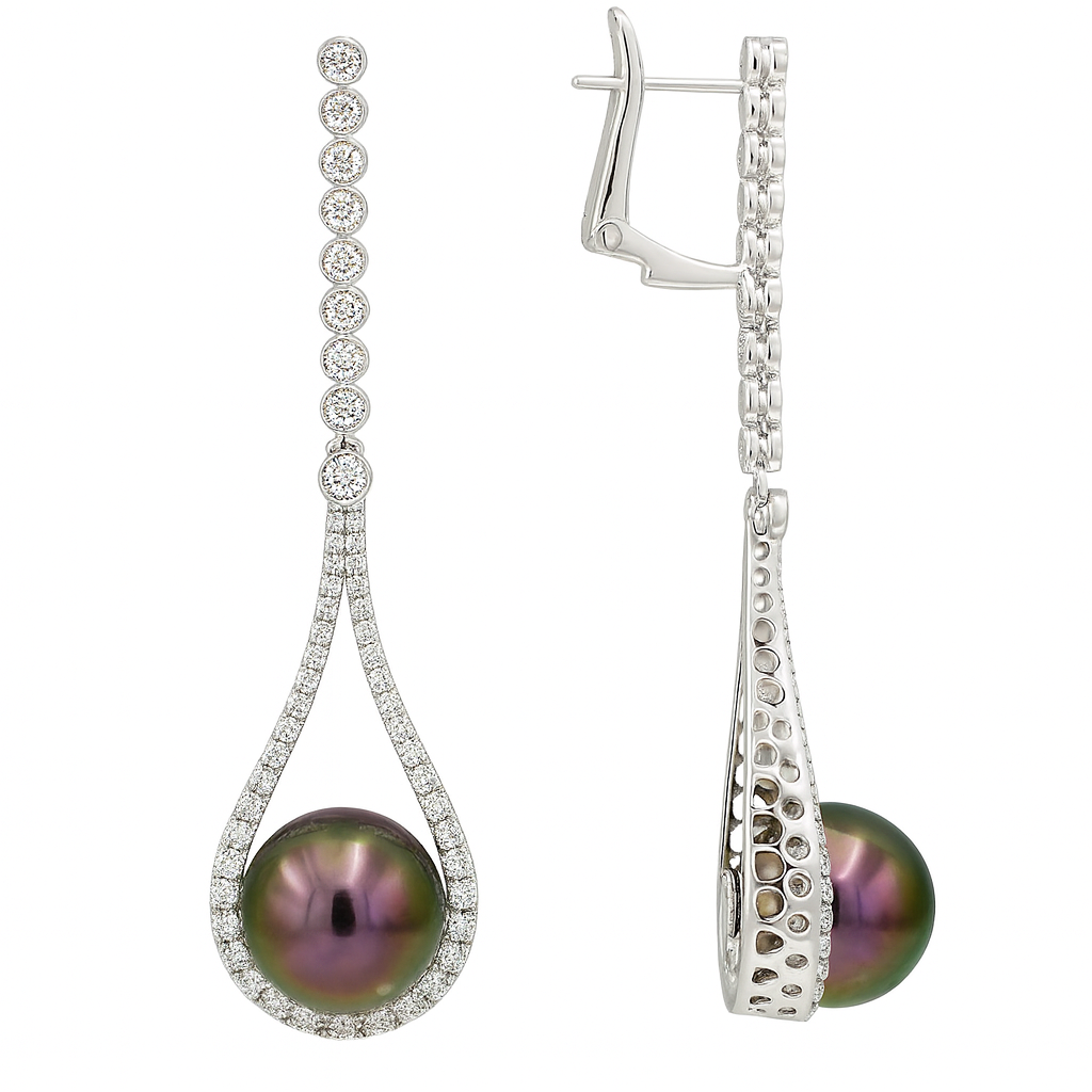 18K White Gold Tahitian Pearl Earrings, 9-10mm, 0.88ct
