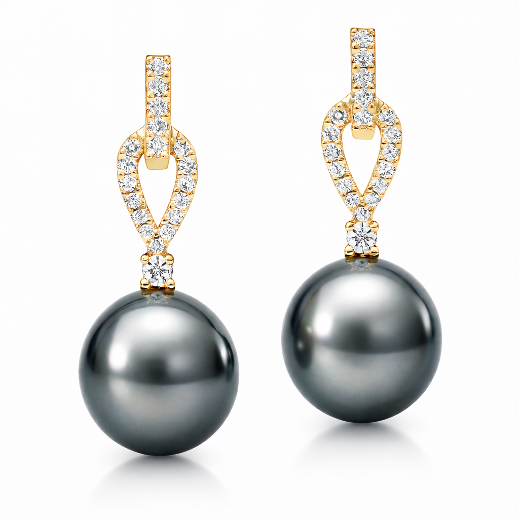 14K Yellow Gold Tahitian Pearl Earrings, 10-11mm, 0.27ct