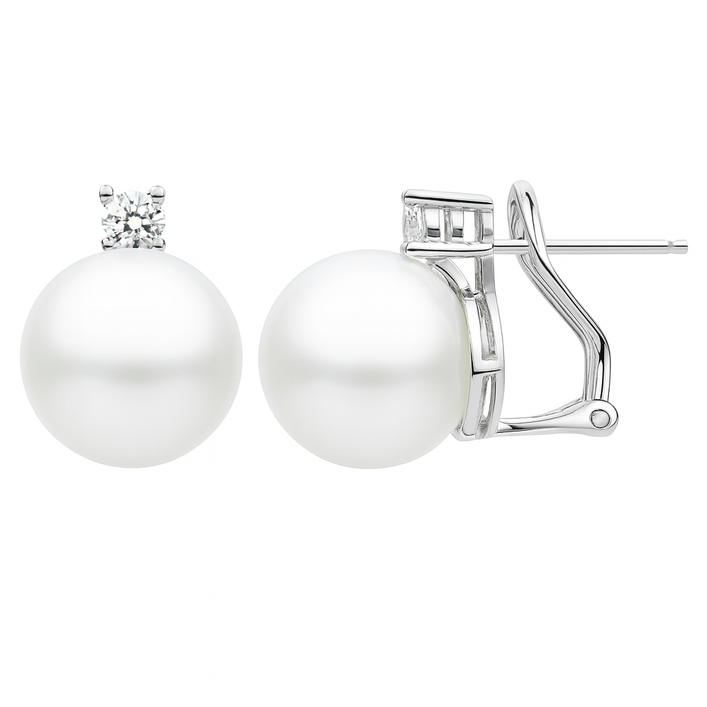 14K White Gold Pearl Earrings, 11-12mm, 0.27ct