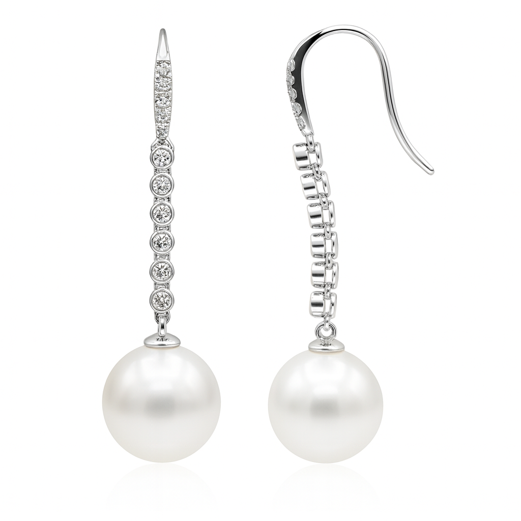 18K White Gold South Sea Pearl Earrings, 10-11mm, 0.35ct
