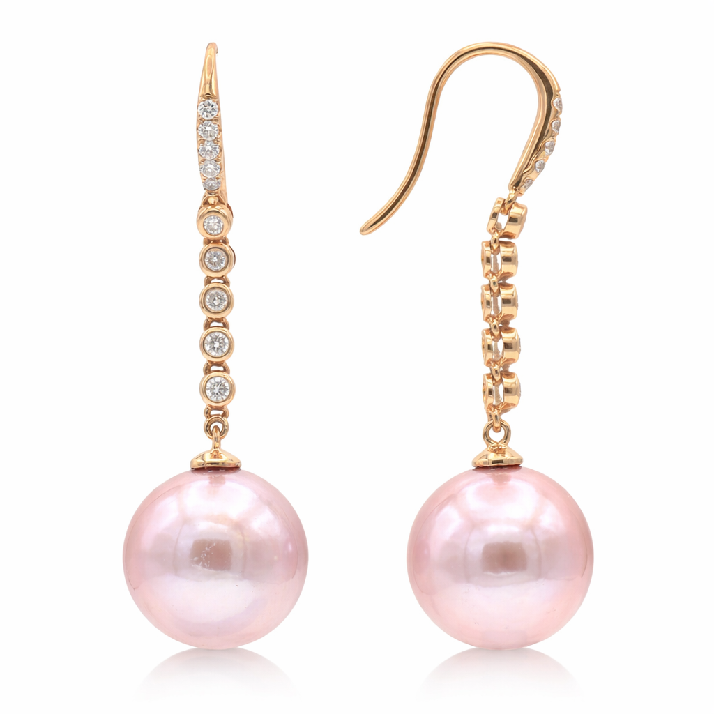 18K Rose Gold Freshwater Pearl Earrings, 12-13mm, 0.35ct