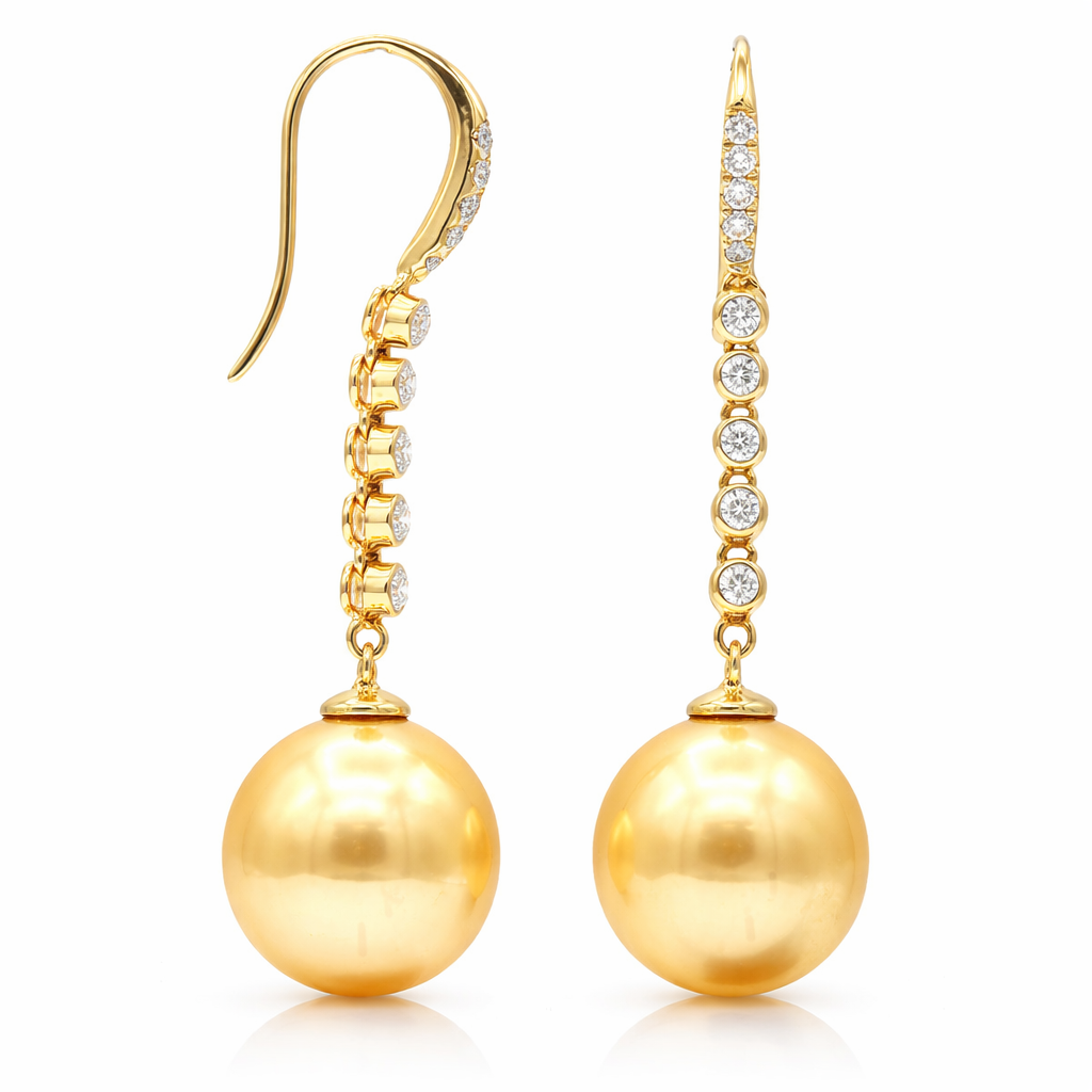 18K Yellow Gold Golden Pearl Earrings, 11-12mm, 0.35ct