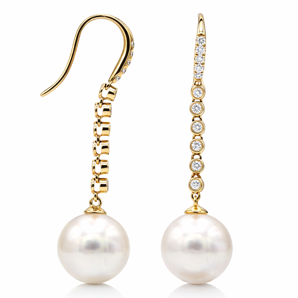 18K Yellow Gold South Sea Pearl Earrings, 11-12mm, 0.39ct