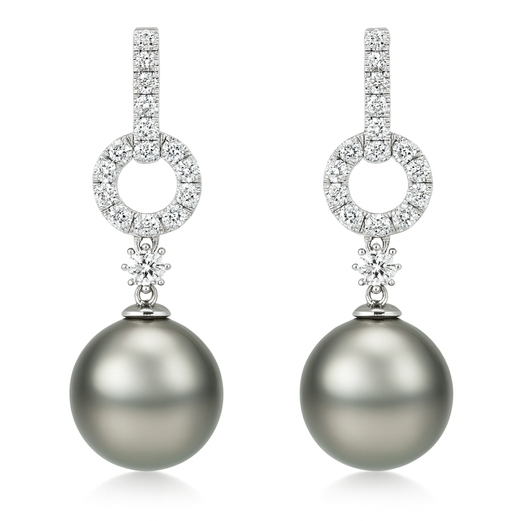 18K White Gold Tahitian Pearl Earrings, 11-12mm, 0.55ct