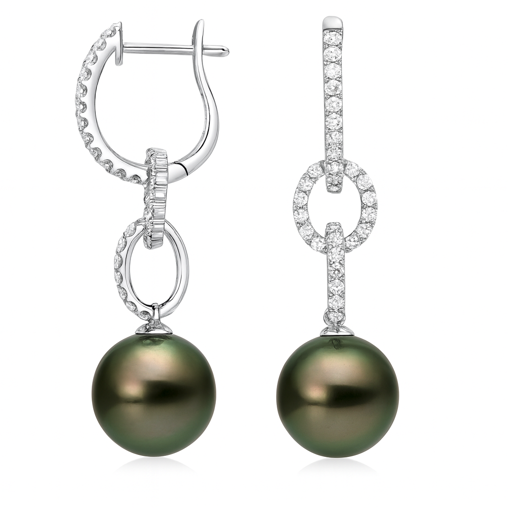 14K White Gold Diamond Tahitian Earrings, 11-12mm, 0.84ct