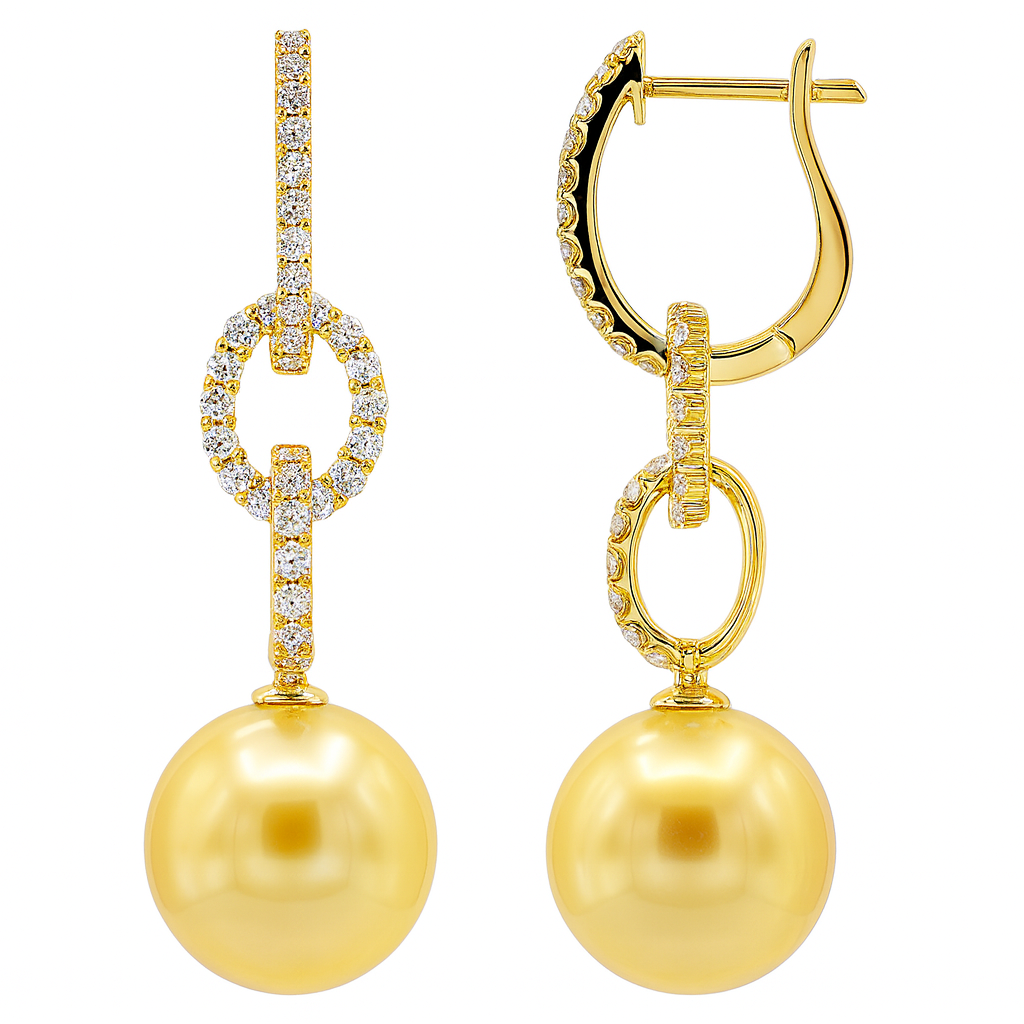 18K Yellow Gold Pearl Earrings, 11-12mm, 0.81ct