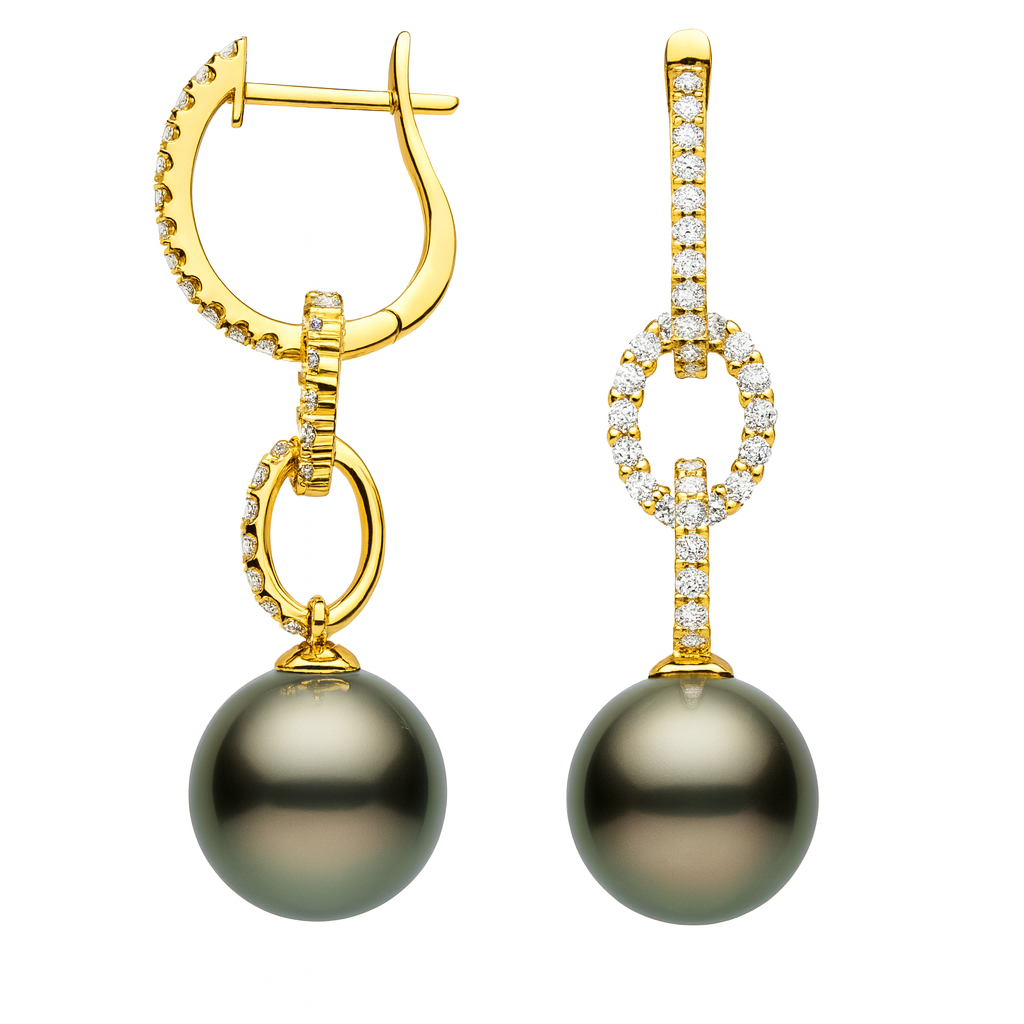 18K Yellow Gold Tahitian Pearl Earrings, 12-13mm, 0.84ct
