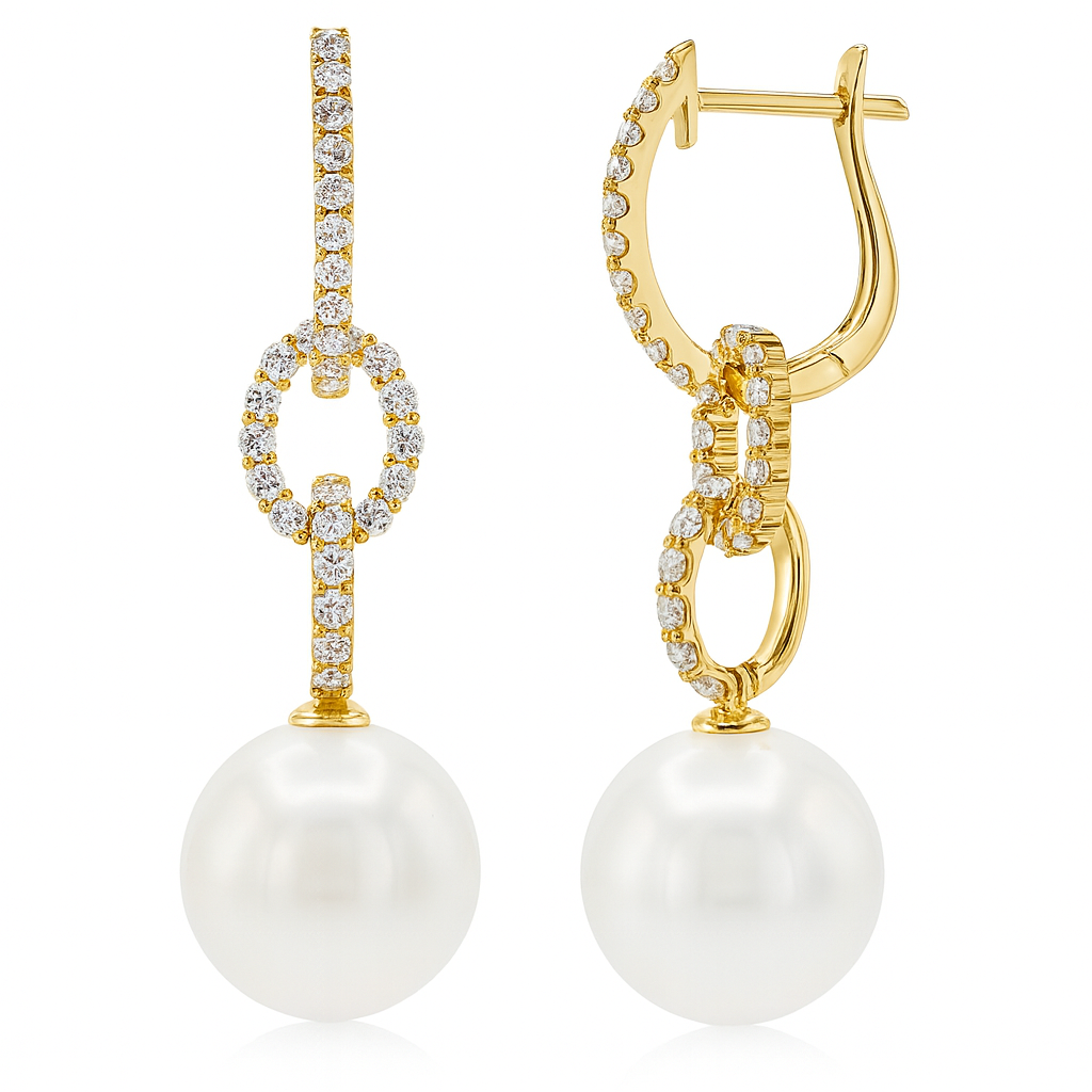 18KY White South Sea Pearl Earrings, 12-13mm