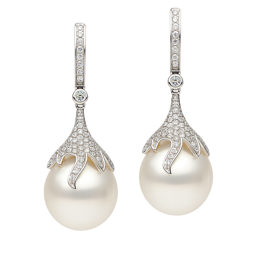 18K White Gold South Sea Pearl Earrings, 12-13mm, 0.6ct
