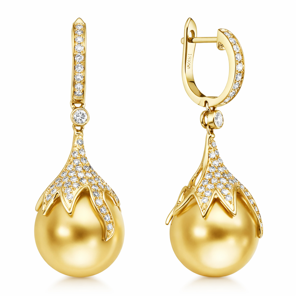 18K Yellow Gold Golden Earrings, 12-13mm, 0.63ct