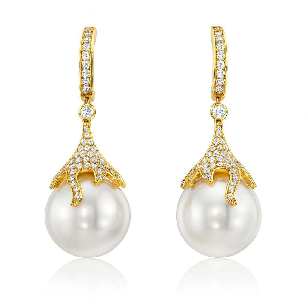 18K Yellow Gold South Sea Pearl Earrings, 11-12mm, 0.54ct