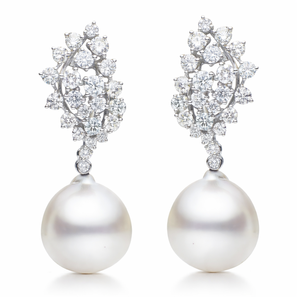 18K White Gold South Sea Pearl Earrings, 13-14mm, 2.77ct