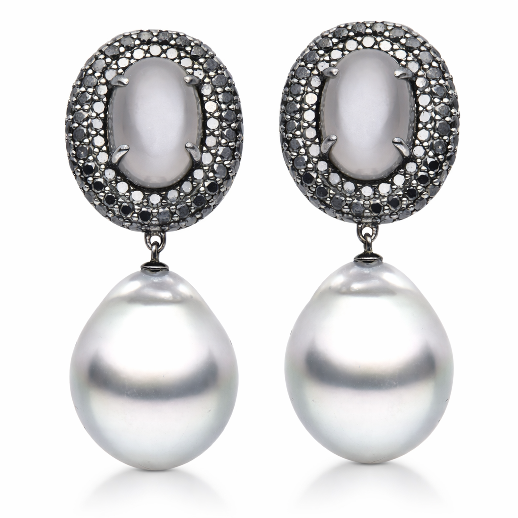 18K Gray Moonstone Earrings, 16mm, 3ct