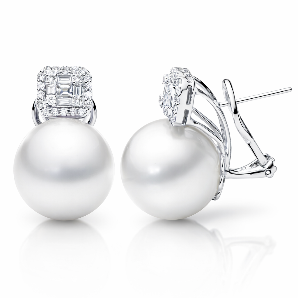 18K White Gold South Sea Pearl Earrings, 15-16mm, 0.3ct