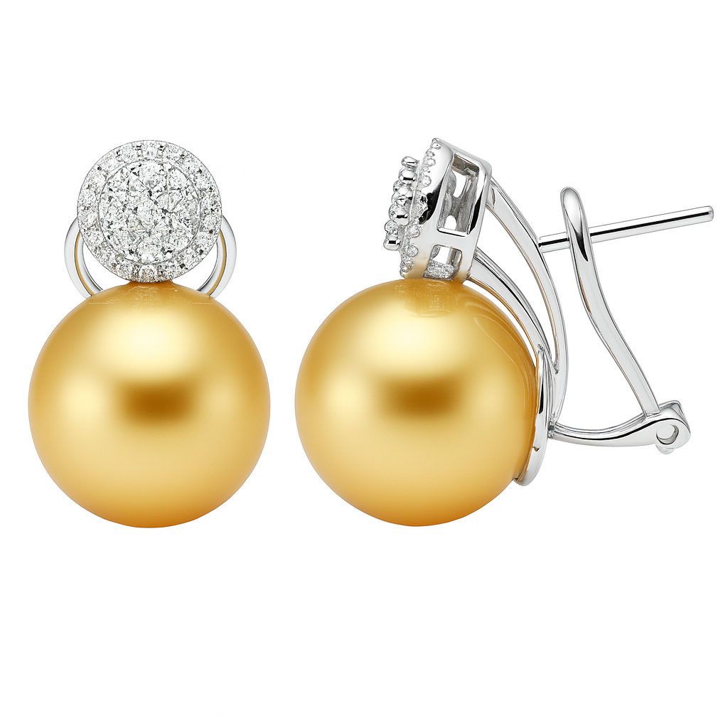 18K White Gold Golden South Sea Pearl Earrings, 14-15mm, 0.54ct