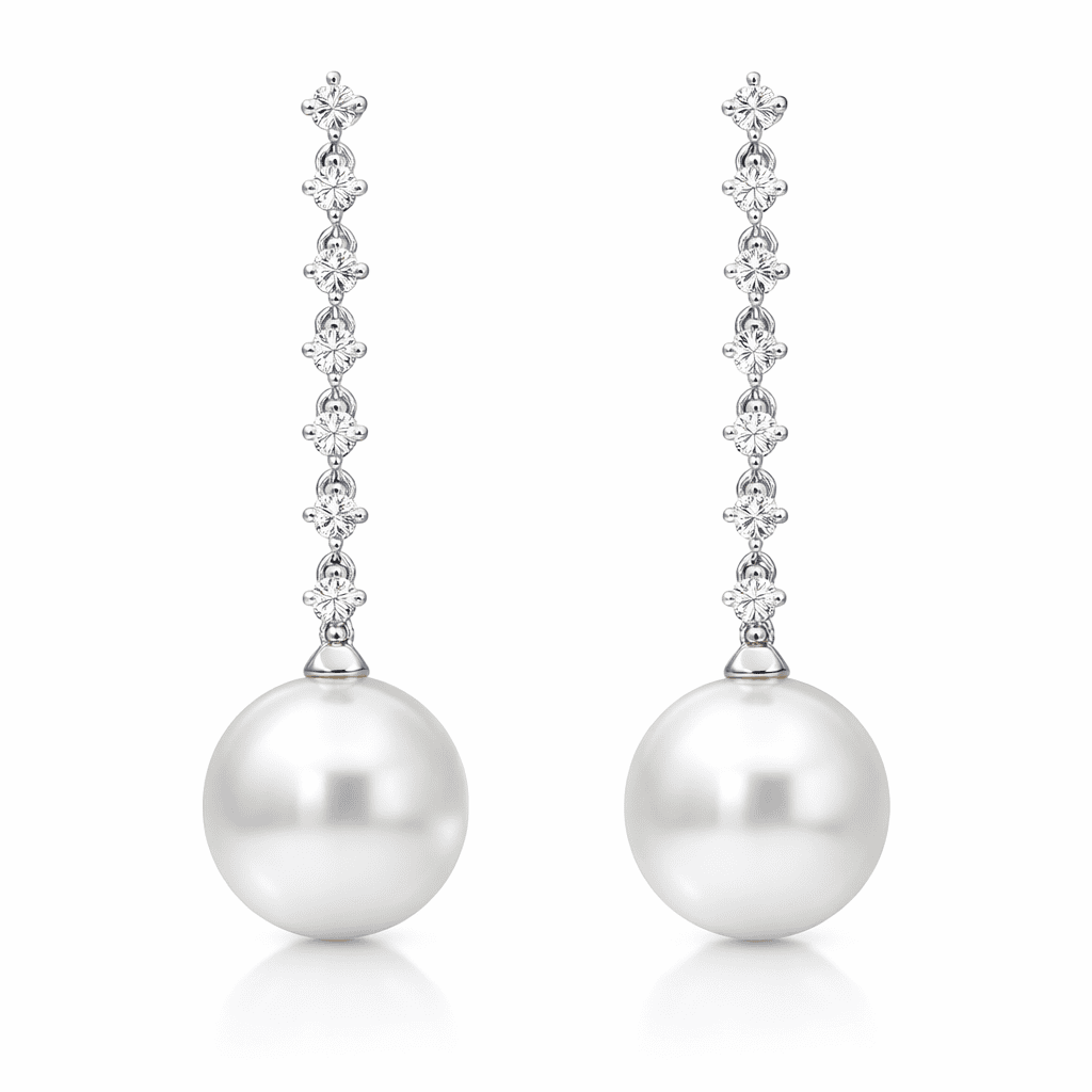 18K White Gold Diamond South Sea Pearl Earrings, 13-14mm, 0.75ct